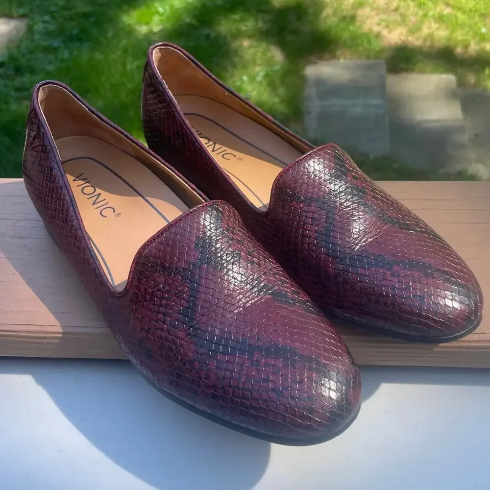 VIONIC Willa Boa Red Snakeskin Leather Slip-On Loafers Flats Comfort Shoe